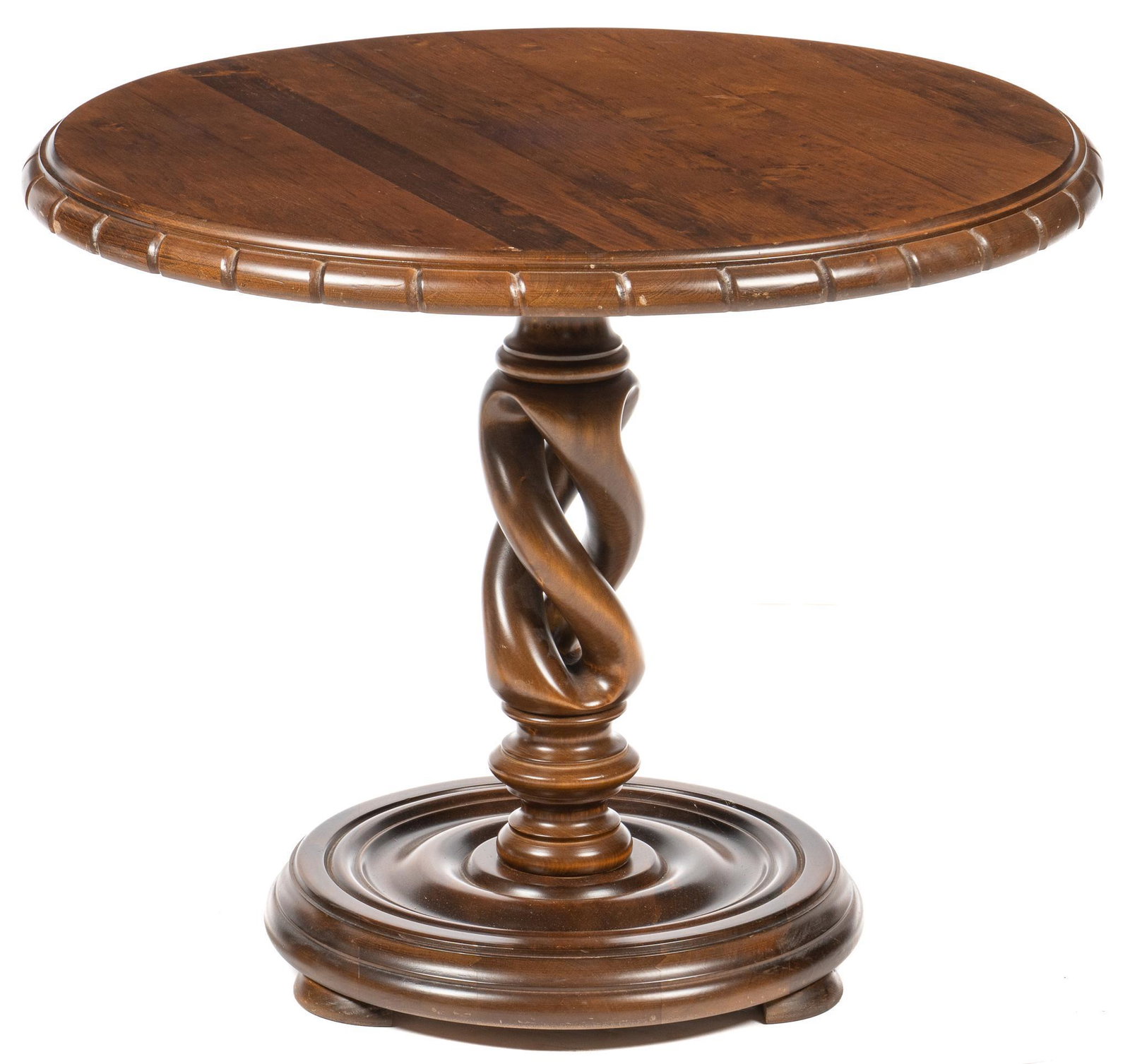 Pedestal Table: Pedestal table, with thick round top, incised border, supported on twisting carved base, ending in circular base, feet height 22.5 in. x diameter 28 in. We happily provide seamless shipping services o