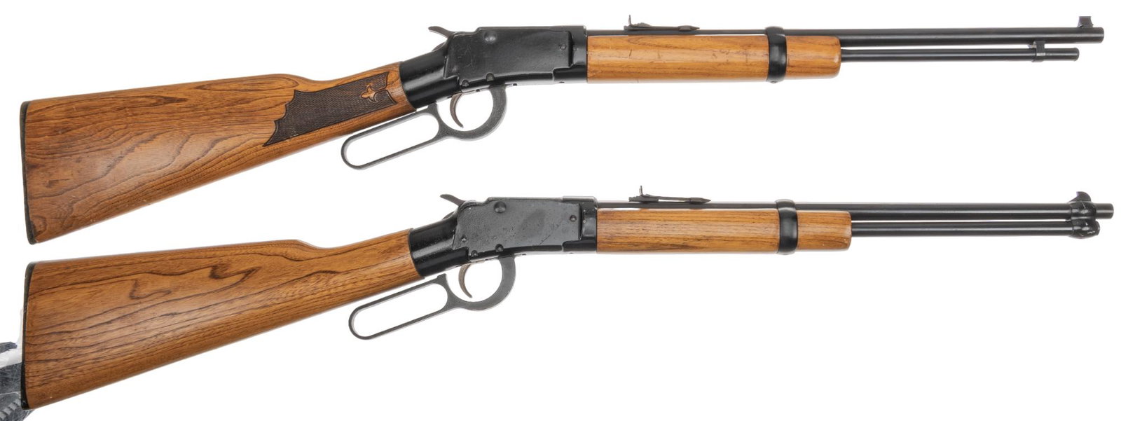 Pair of Ithaca M-49 22 LR Falling Block Carbines: Serial: (1) 490326685; (2) 296961 Manufacturer: Ithaca Gun Co. Model: M-49 Caliber: 22 Long Rifle Barrel Length: 18 in. OAL: 35.25 in. Condition: Both are Good-Fair; wood stocks have moderate wear; ba