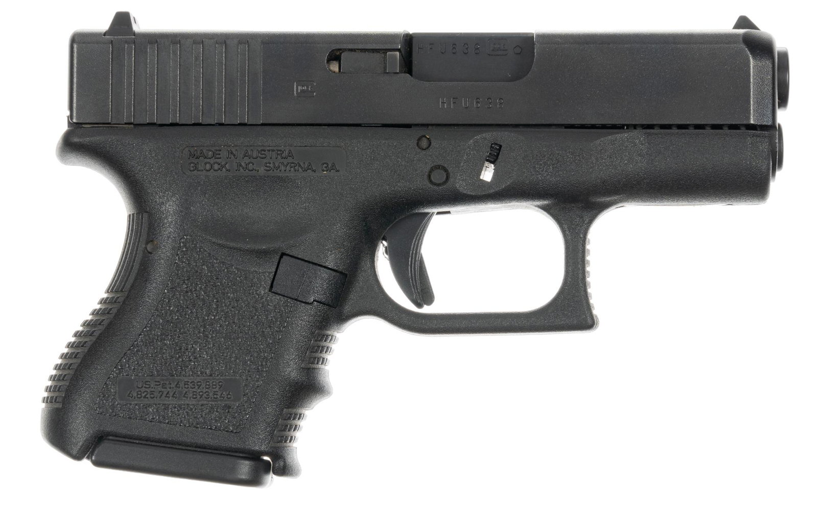 Glock 26 9mm Semi Auto Pistol: Serial: HFU639 Manufacturer: Glock Model: 26 Caliber: 9mm Barrel length: 3.5 in. OAL: 6.5 in. Condition: Very Good; Polymer frame has near no handling marks; slide has good finish near no marks; bore 