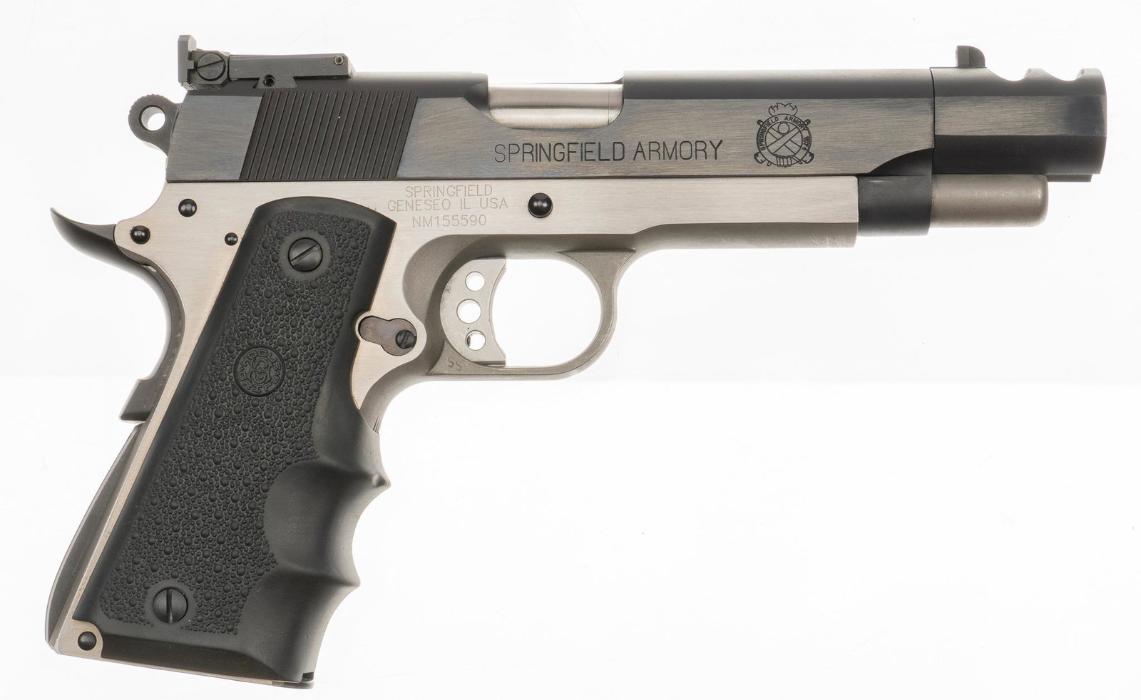 Springfield 1911 PDP Defender 45 ACP Semi Auto Pistol: Serial: NM155590 Manufacturer: Springfield Armory Model: 1911 PDP Defender Caliber: 45 ACP Barrel Length: 4 in. OAL: 9 in. (w/ compensator) Condition: Good; rubber Hogue grips have light handling mark