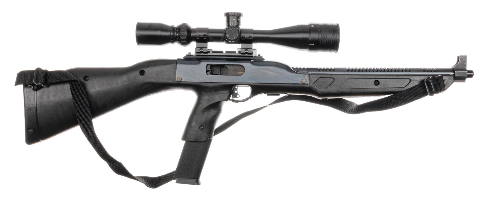 Hi-Point Model 995 9mm Semi-Auto Carbine: Serial: E03236 Manufacturer: Hi-Point Firearms Model: 995 Caliber: 9mm Barrel Length: 16.5 in. OAL: 31 in. Condition: Good; synthetic stock has light handling marks; barrel & receiver have light h