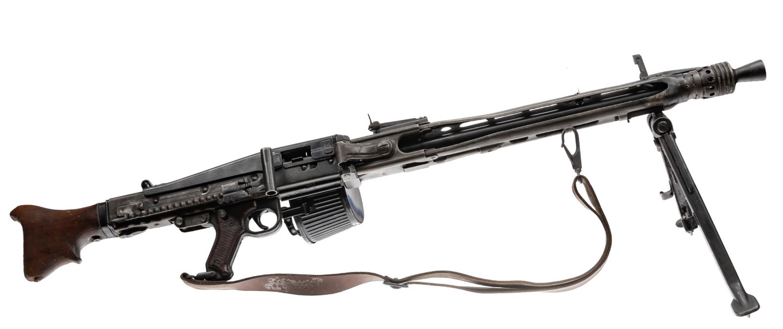 Original German WWII MG42 Display Gun: Model: MG 42 Caliber: 8mm Mauser Barrel length: 49 in. Condition: Good; This gun is assembled from a parts kit and has been rendered inert with a rewelded inert receiver; barrel shroud, receiver and s