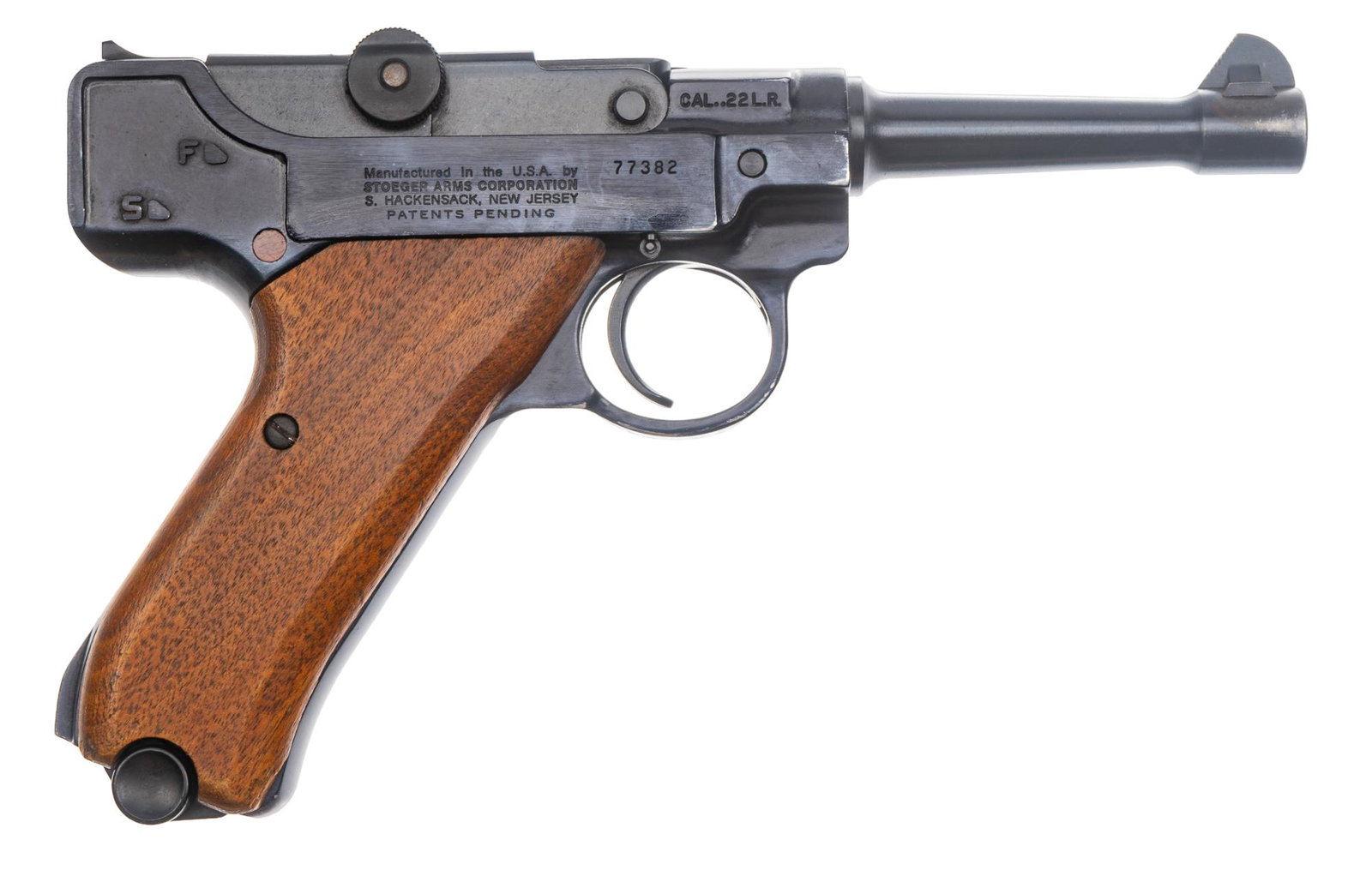 Stoeger Luger 22 LR Semi Auto Pistol: Serial: 77382 Manufacturer: Stoeger Arms Corp. Model: Luger Caliber: 22 Lon Rifle Barrel length: 4.5 in. OAL: 9 in. Condition: Good; wood grips have light handling marks; barrel & frame have light