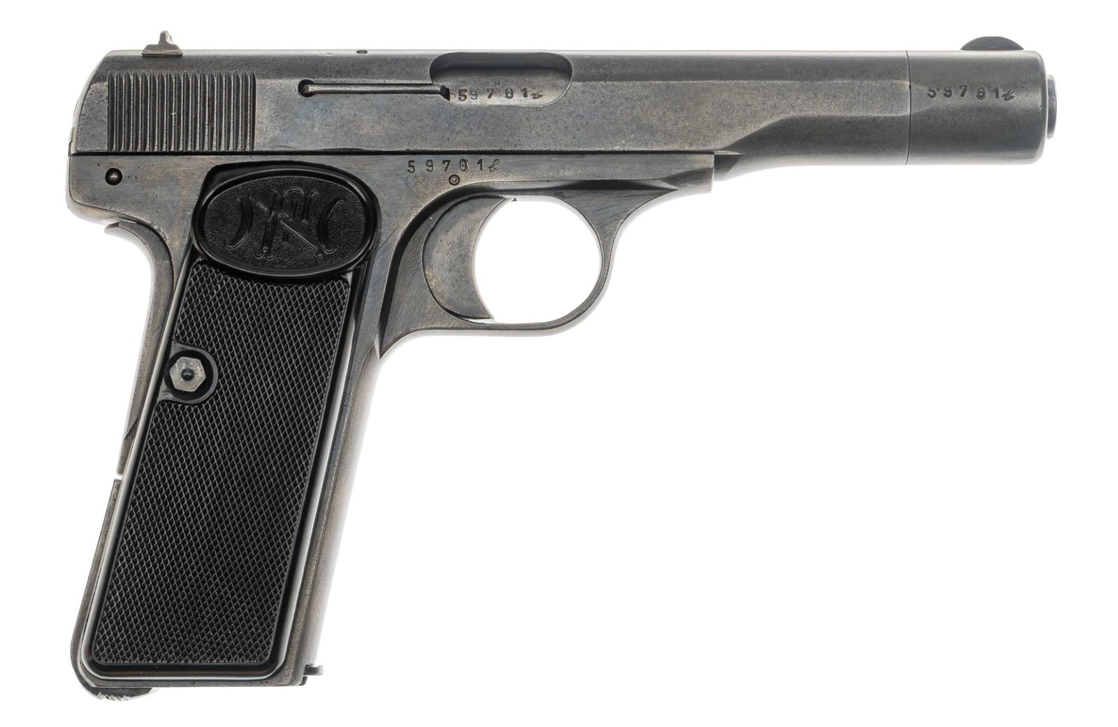 WWII German Occupation Commercial FN Model 1910/22 32 ACP Semi-Auto Pistol: Serial: 59701 b Manufacturer: Fabrique Nationale / Browning Model: 1922 (1910/22) Caliber: 32 ACP Barrel length: 4.5 in. OAL: 7 in. Condition: Good; grips (non-original) are excellent w/ crisp checker