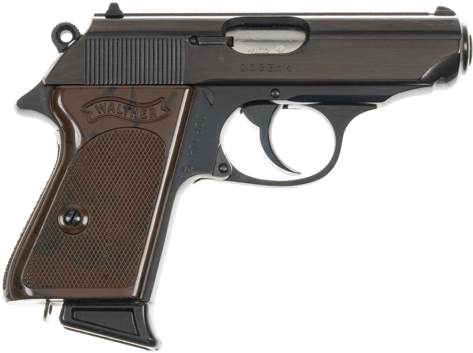Excellent Walther PPK 32 ACP Semi Auto Pistol: Serial: 208314 Manufacturer: Walther, Germany (c.1966) Model: PPK Caliber: 32 ACP Barrel length: 3.25 in OAL: 6.25 in Condition: Excellent: Bakelite grips have light handling marks but are in very goo