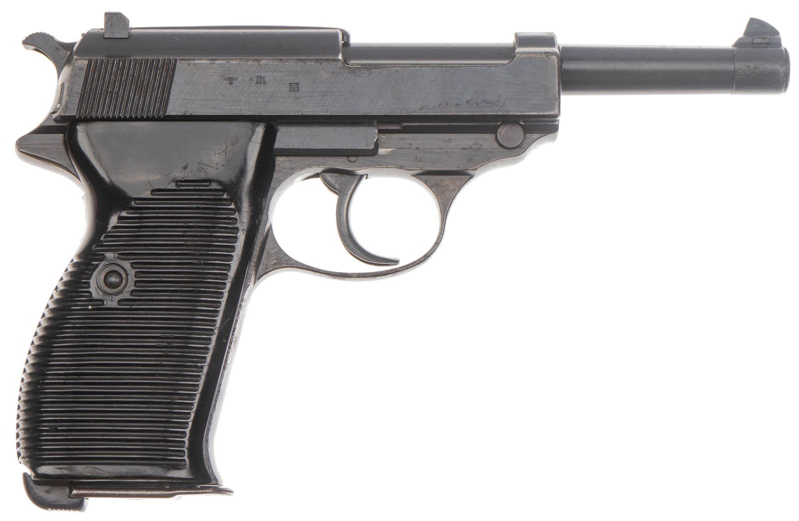 WWII German Walther AC43 P38 9mm Semi Auto Pistol: Serial: 3160 Manufacturer: Carl Walther, Germany (c. 1943) Model: P38 Caliber: 9mm Barrel length: 5 in. OAL: 8.25 in. Condition: Good; plastic grips have moderate wear & handling marks; barrel, sl