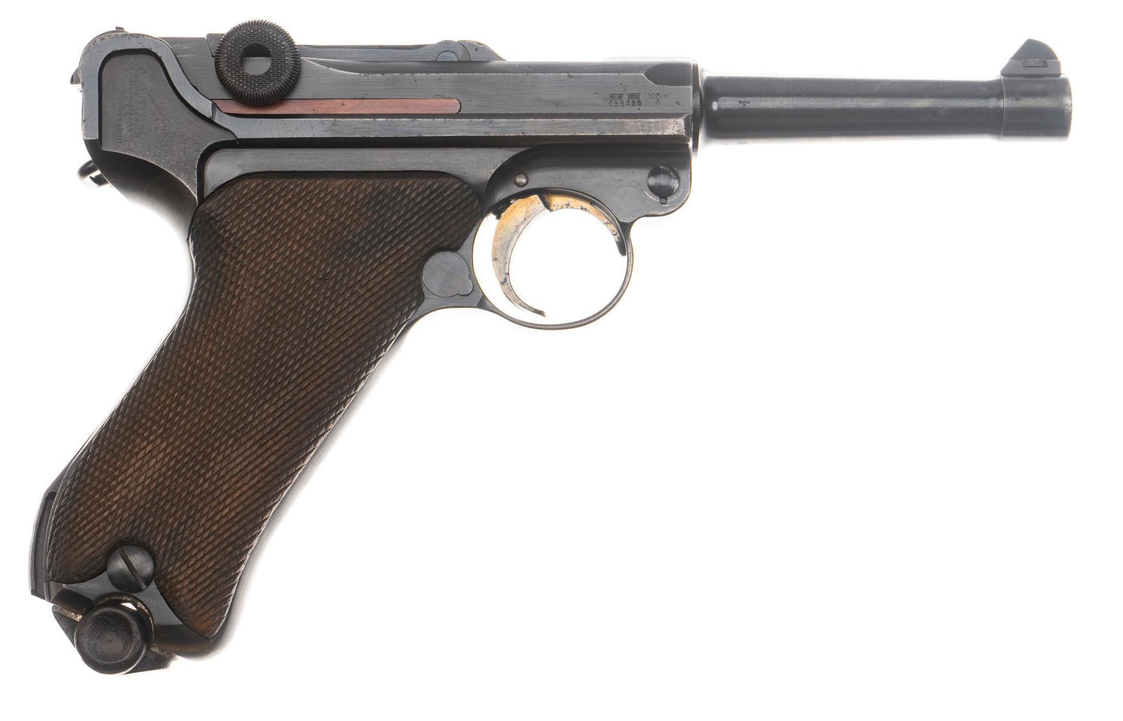 Nice WWII German Mauser "42 Code" P.08 Luger 9mm Pistol: Serial: 859 Manufacturer: Mauser (c. 1939) / DEAC Inc. import Model: "42 Code" P.08 Luger Caliber: 9mm Barrel length: 4 in. OAL: 8.75 in. Condition: Very Good; checkered wood grips have light 