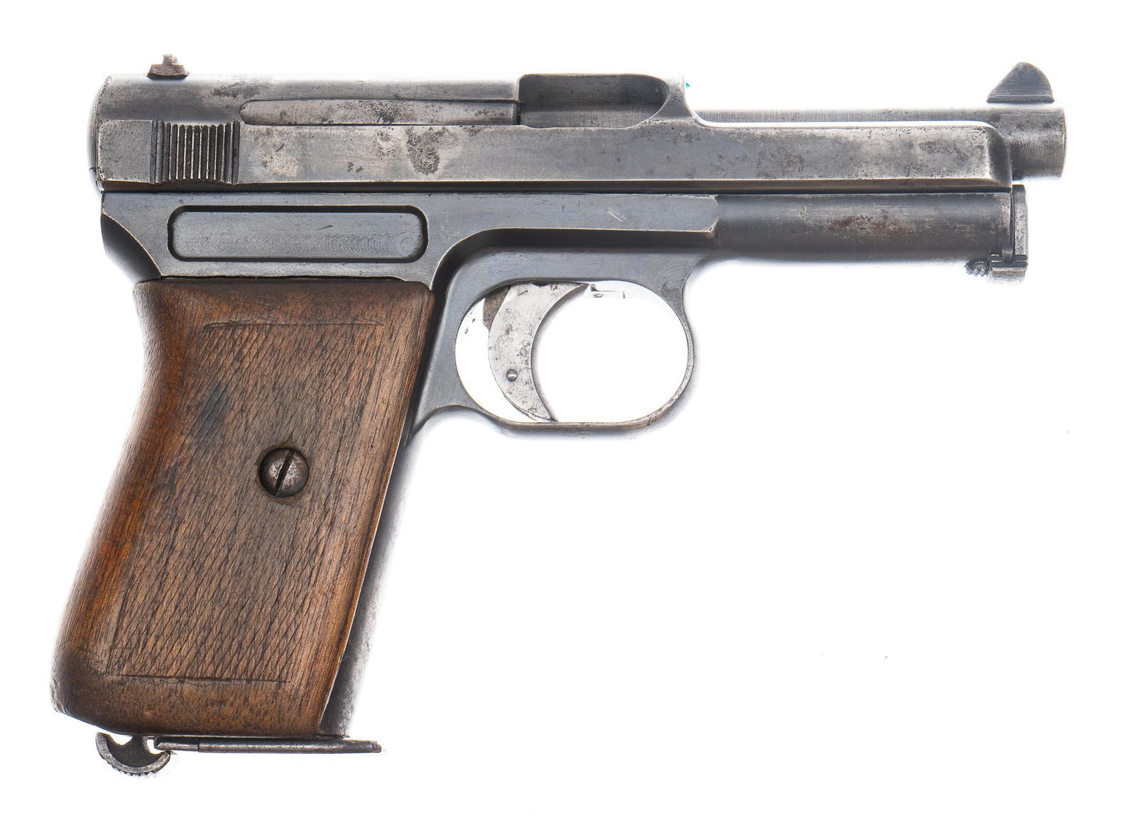 Mauser Model 1914 32 ACP Semi Auto Pistol: Serial: 50560 Manufacturer: Waffenfabrik A.G. Oberndorf A.N. Mauser Model: 1914 Caliber: 32 ACP Barrel length: 3.5 in. OAL: 6.25 in. Condition: Fair-Good; wood grips have wear commensurate w/ age; fra