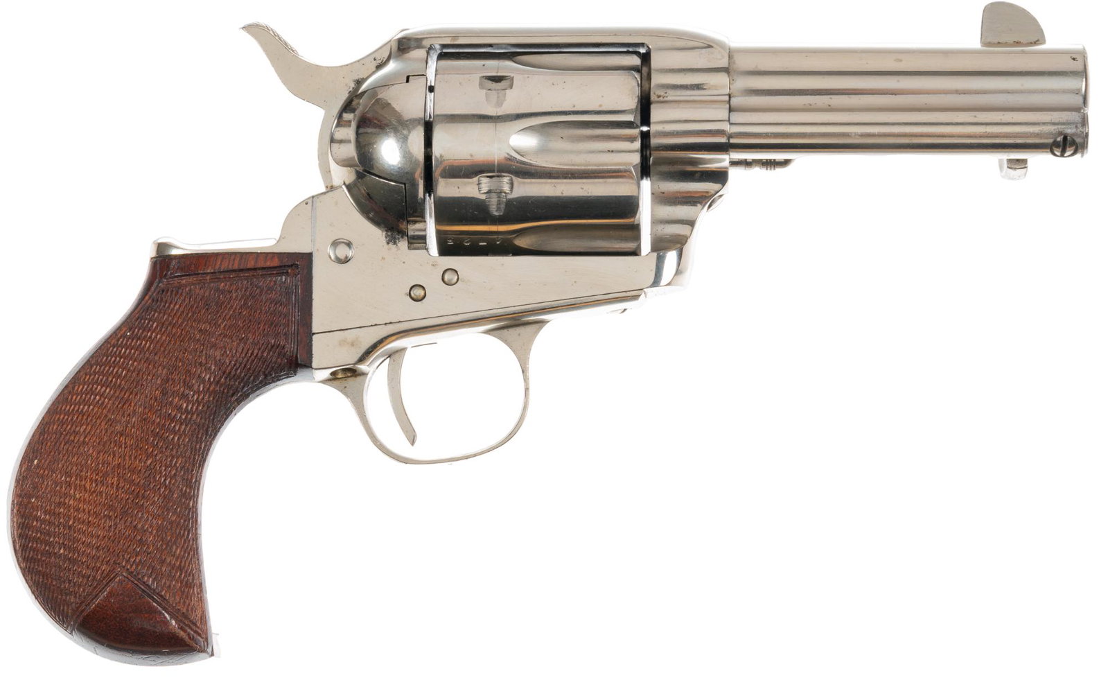 Cimarron 1877 Thunderer 357 Magnum Revolver: Serial: 154725 Manufacturer: Uberti Model: 1877 Thunderer Caliber: 357 Magnum Barrel length: 3.5 in. OAL: 8.75 in. Condition: Very Good - Good: wood grips have light handling marks; frame, hammer, bac