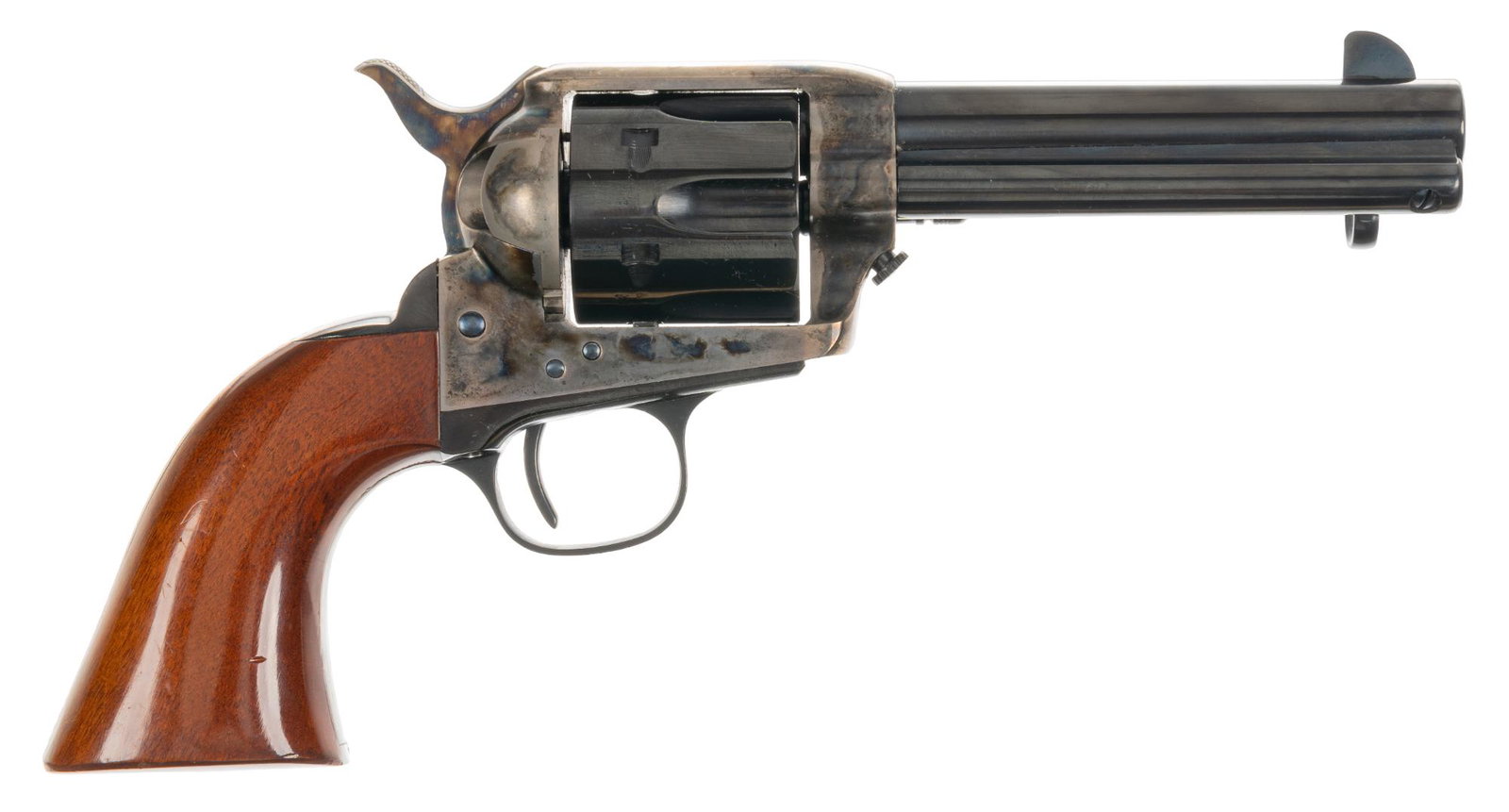 Cimarron 1873 SAA 45 LC Revolver: Serial: P19981 Manufacturer: Uberti Model: 1873 Single Action Caliber: 45 Long Colt Barrel length: 4.75 in. OAL: 11 in. Condition: Excellent - Very Good: wood grips have light handling marks; frame an