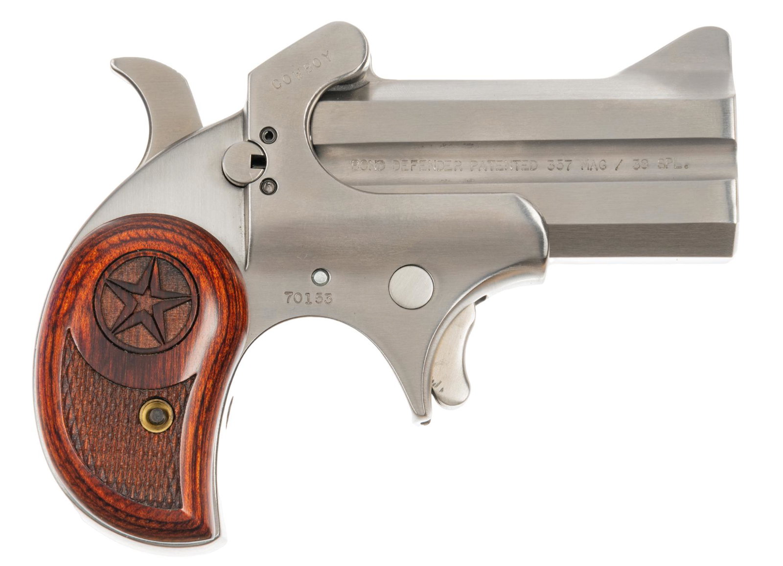Bond Arms Defender 357 Magnum Derringer: Serial: 70153 Manufacturer: Bond Arms Model: Defender Caliber: 357 Magnum Barrel length: 3 in. OAL: 5 in. Condition: Very Good - Excellent; Rosewood grips have near no handling marks; barrels and fram