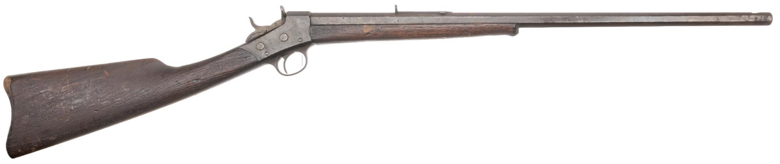 Remington No. 2 22 RF Rolling Block Rifle: Serial: 25609 Manufacturer: Remington Arms Co. Model: No. 2 Caliber: 22 RF Barrel Length: 24 in. OAL: 38.25 in. Condition: Fair; wood stock has heavy wear & some bubbling in finish from heat expos