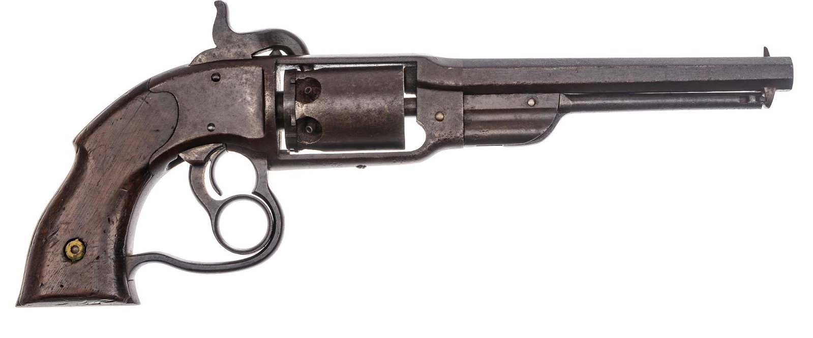 Martially Marked Civil War Era Savage Navy Model Percussion Revolver: Serial: 708 Manufacturer: Savage R.F.A. Co. (c. 1861-1866) Model: Navy Model Caliber: 36 Cal. Ball Barrel length: 7.125 in. OAL: 14.5 in. Condition: Good; wood grips have dings & wear commensurate