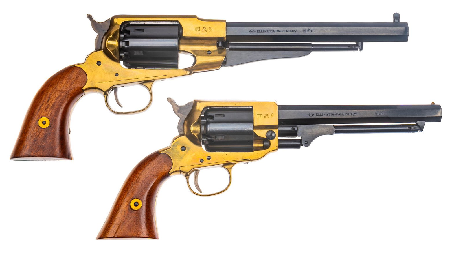 Pair of Pietta Reproduction Percussion Revolvers: Serial: (1) B6061; (2) R316033 Manufacturer: F.LLI Pietta-Italy Model: (1) Spiller & Burr; (2) 1858 New Army Caliber: (1) .36 Cal.; (2) .44 Cal. Barrel Length: (1) 6.5 in.; (2) 8 in. OAL: (1) 12 i