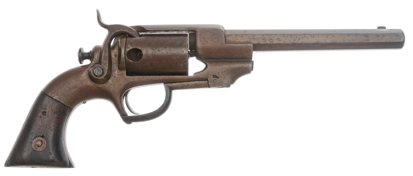 Rare Antique Allen & Wheelock Sidehammer Navy 36 Cal. Revolver: Serial: 75 Manufacturer: Allen & Wheelock (c. 1858-1861) Model: Sidehammer Navy Model Caliber: 36 Cal. Ball Barrel length: 6 in. OAL: 11 in. Condition: Poor; wood grips have significant wear aroun
