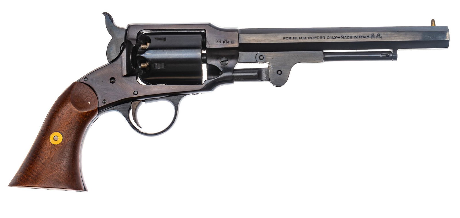 Italian Replica Rogers & Spencer .44 Cal. Percussion Revolver: Serial: 026495 Manufacturer: Euroarms of America-Italy / Rogers & Spencer-Utica,NY Model: Rogers & Spencer Caliber: .44 Cal. Barrel Length: 7.5 in. OAL: 13.5 in. Condition: Very Good; wood gri
