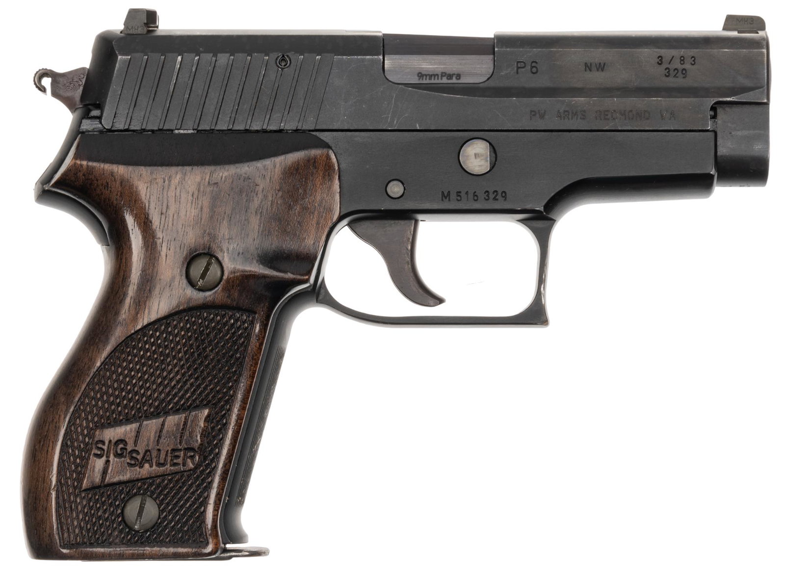 West German Sig Sauer P6 9mm Semi Auto Pistol: Serial: M516329 Manufacturer: Sig Sauer, West Germany Model: P6 Caliber: 9mm Barrel length: 3.75 in. OAL: 7 in. Condition: Very Good; wood grips have near no handling marks; Frame has light handling m