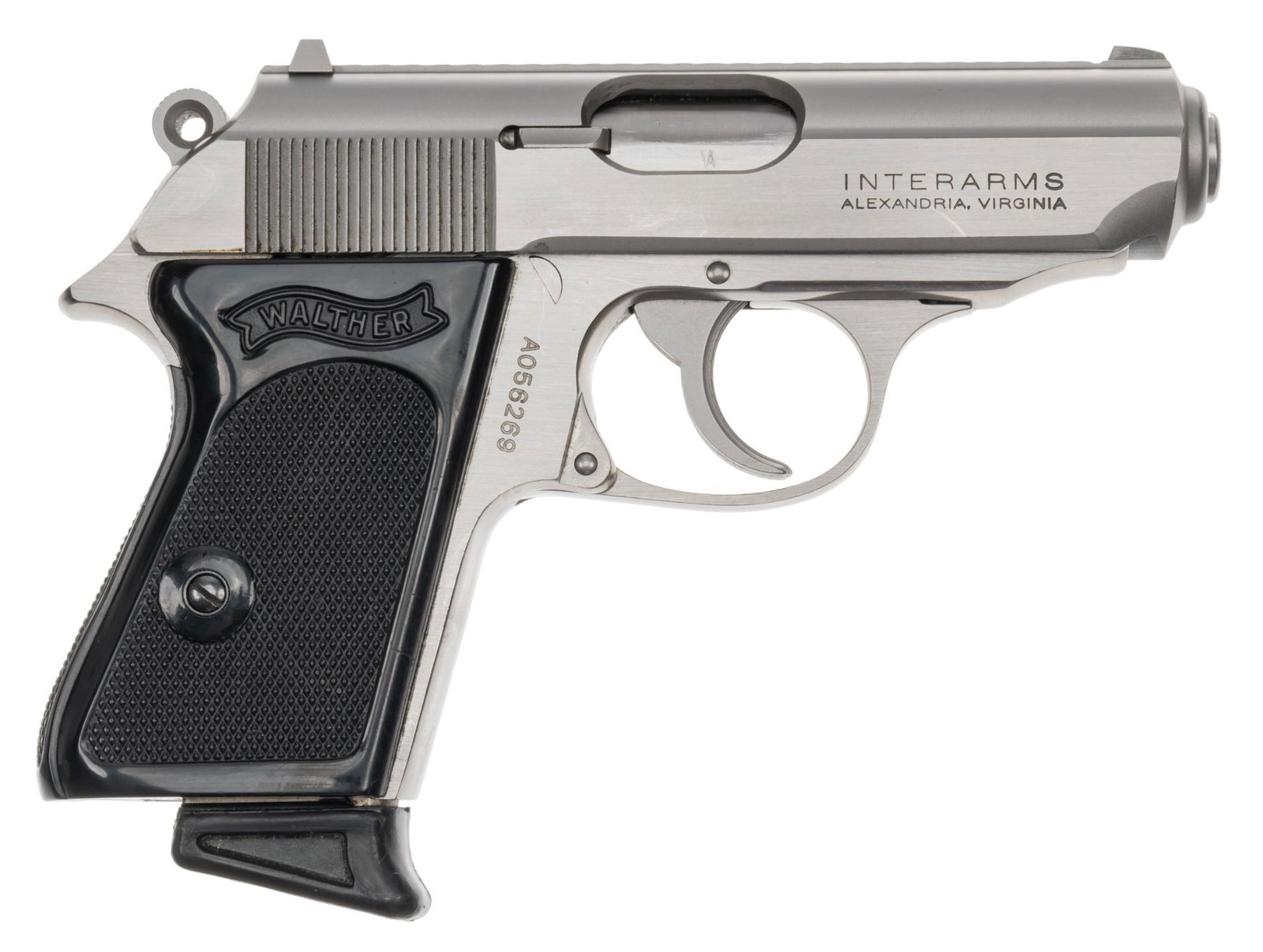 Interarms Walther PPK Stainless 380 ACP Semi Auto Pistol: Serial: A056269 Manufacturer: Walther, USA Model: PPK Caliber: 380 Auto Barrel length: 3.25 in. OAL: 6.25 in. Condition: Excellent - Very Good; Polymer grips have light handling marks; stainless steel