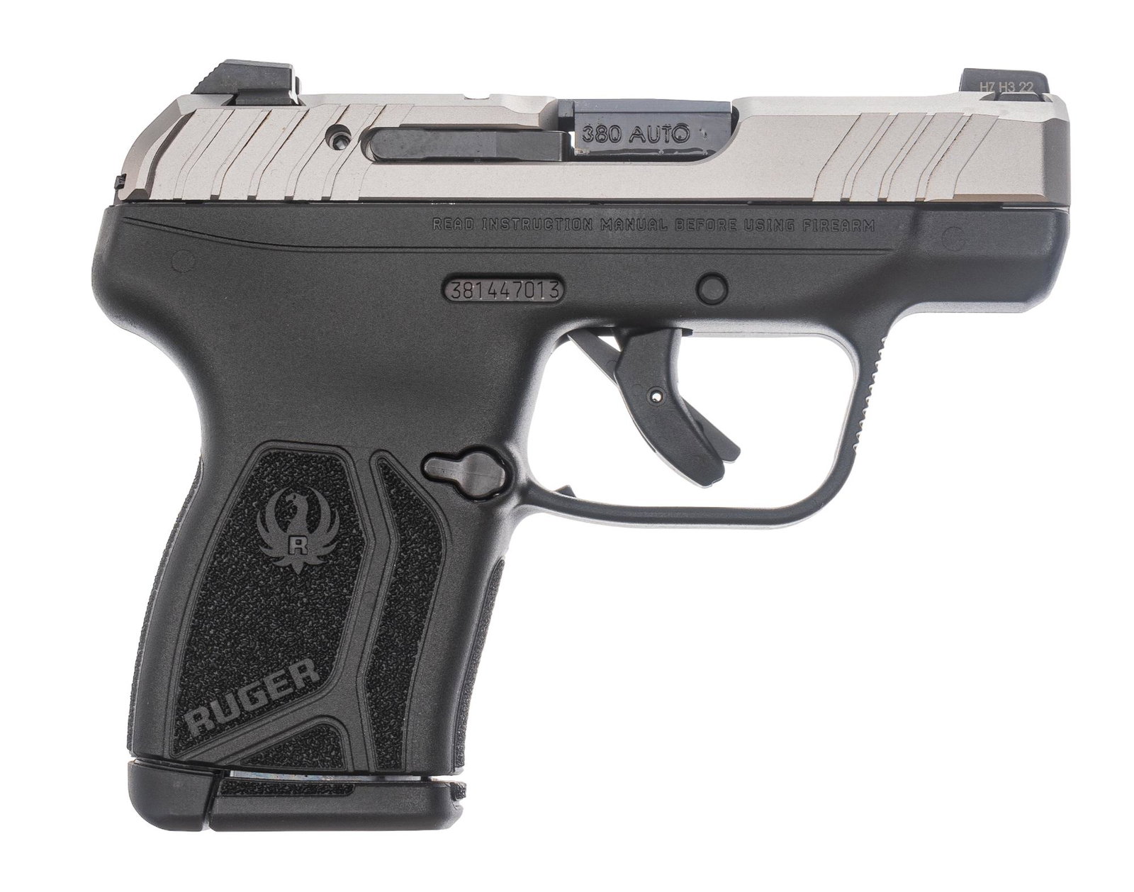 NIB Ruger LCP Max 380 ACP Semi Auto Pistol: Serial: 381447013 Manufacturer: Ruger Model: LCP Max Caliber: 380 ACP Barrel length: 2.8 in. OAL: 5.5 in. (box: 9.5 x 6 x 1.75 in.) Condition: Factory NIB Includes: Factory box w/ papers; soft holster