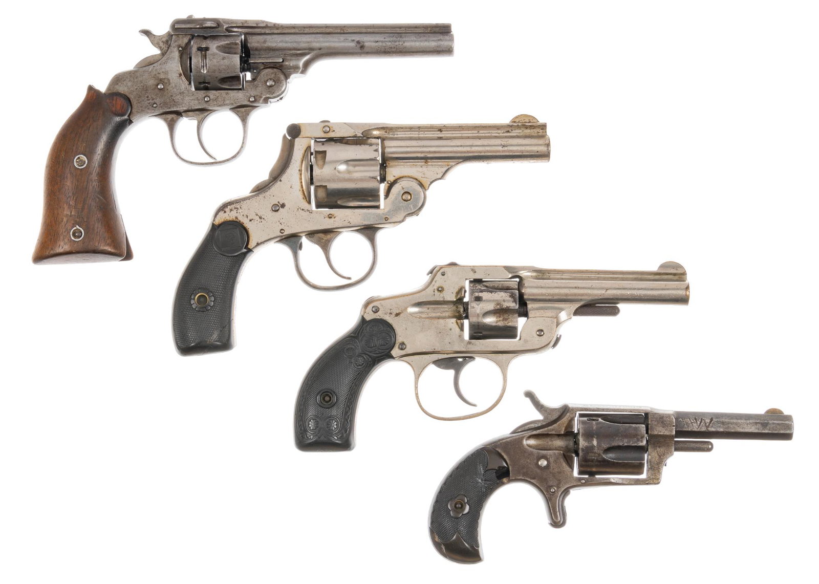 Collection of 4 Revolvers: H&A, H&R, Maltby Henley: Includes: (1) Harrington & Richardson Police Auto Ejecting Third Model Revolver; 32 S&W; SN: 190650; Fair condition, hard rubber grips have moderate wear crack in right piece & missing chu