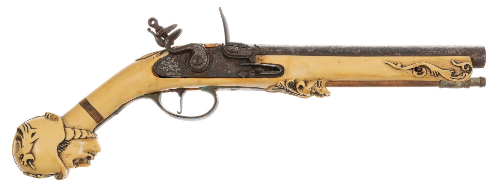 Reproduction Dutch Maastricht 40 Cal. Flintlock Pistol: Serial: No SN Manufacturer: Unknown Dutch Model: Reproduction Maastricht Flintlock Caliber: .40 Cal. Barrel Length: 8.5 in. OAL: 16 in. Condition: Fair-Poor; celluloid ivory stock has yellow patina th