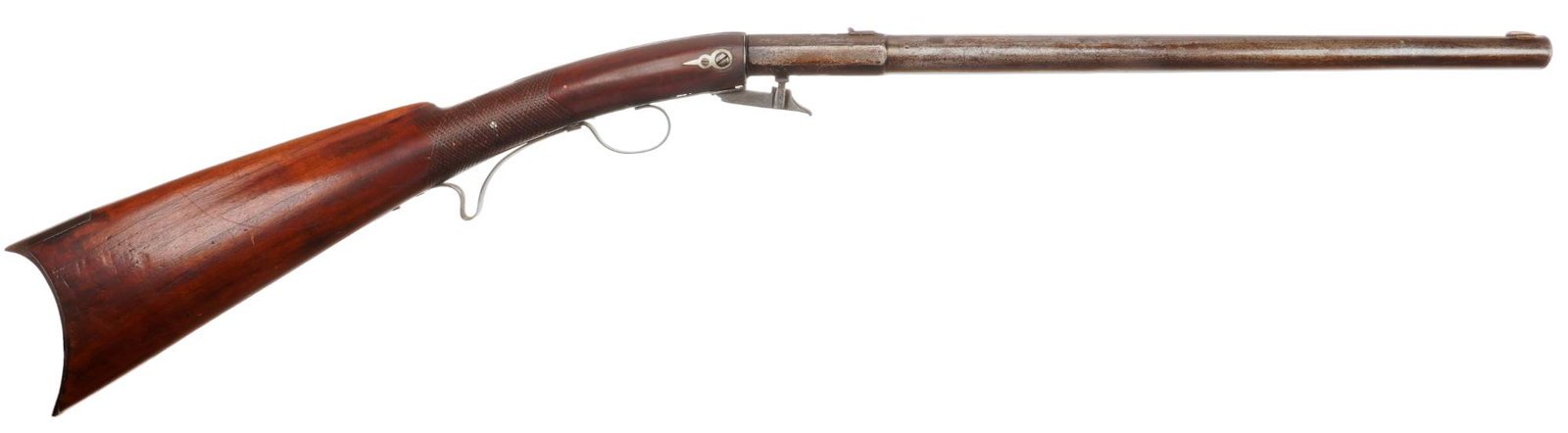 Smith's Improved Patent Stud Lock 50 Cal. Underhammer Carbine: Serial: No SN Manufacturer: Smith's Improved Patent Model: Stud Lock Underhammer Caliber: 50 Cal. Barrel Length: 17.5 in. OAL: 35.5 in. Condition: Fair; wood stock has moderate wear for age; barre