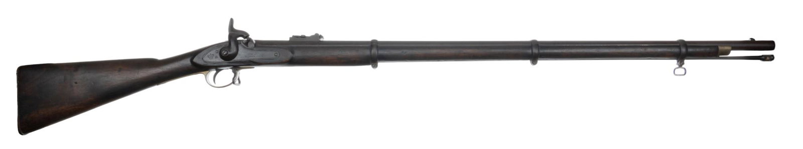 Antique British Tower P-1853 .577 Cal. Percussion Rifle: Serial: No SN Manufacturer: Tower, England (c. 1861) Model: P-1853 Caliber: .577 Cal. Ball Barrel length: 38 in. OAL: 55.25 in. Condition: Good; wood stock has nice patina w/ moderate handling marks f