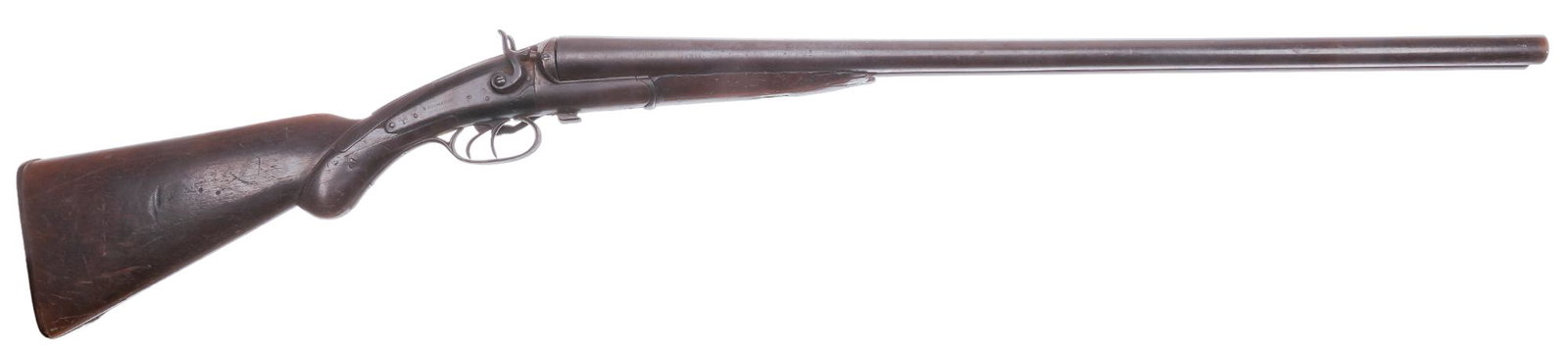 Belgian W. Richards Side Lever 10 Gauge SXS Shotgun: Serial: No SN Manufacturer: Belgian W. Richards Model: Side Lever SXS Caliber: 10 Gauge Barrel Length: 29.5 in. OAL: 46 in. Condition: Poor; wood stock has heavy wear & has been repaired around pi