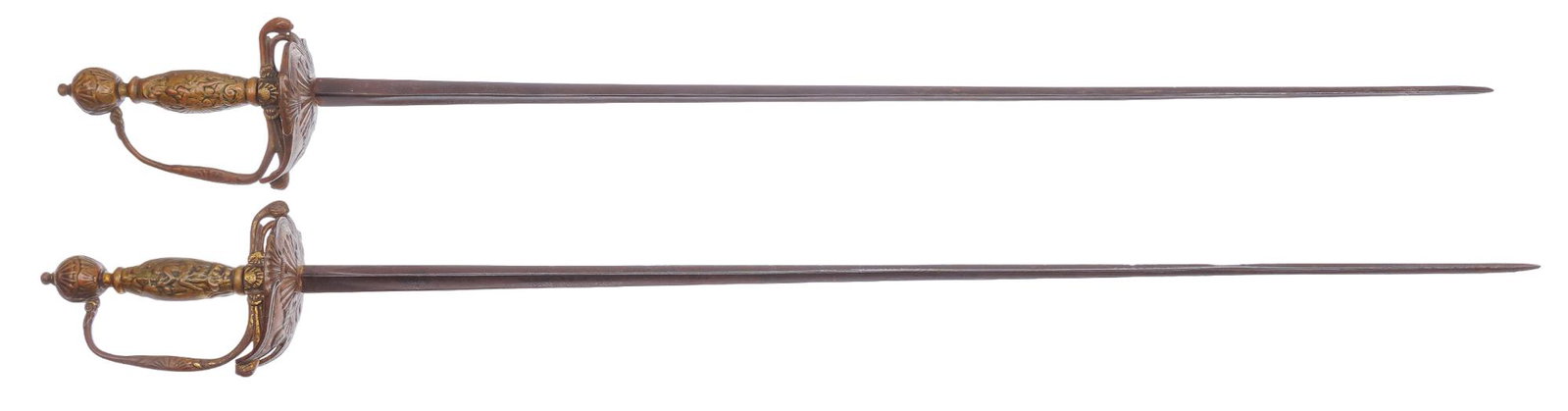 Pair of Early French Reproduction Rapier Swords: Manufacturer: Unknown Model: French Rapier Blade Length: (1) 27 in.; (2) 28 in. OAL: (1) 33 in.; (2) 34 in. Condition: both are fair; brass handles & guards have brown patina & moderate wear; 