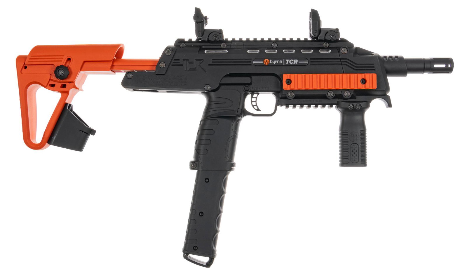 Byrna TCR 68 Cal. Kinetic Non-Lethal CO2 Gun: Serial: N/A Manufacturer: Byrna Model: TCR Caliber: .68 Cal. (Kinetic Projectiles) Barrel length: 11 in. OAL: 21.25-23.75 in. Condition: Very Good; light handling marks throughout Includes: factory so