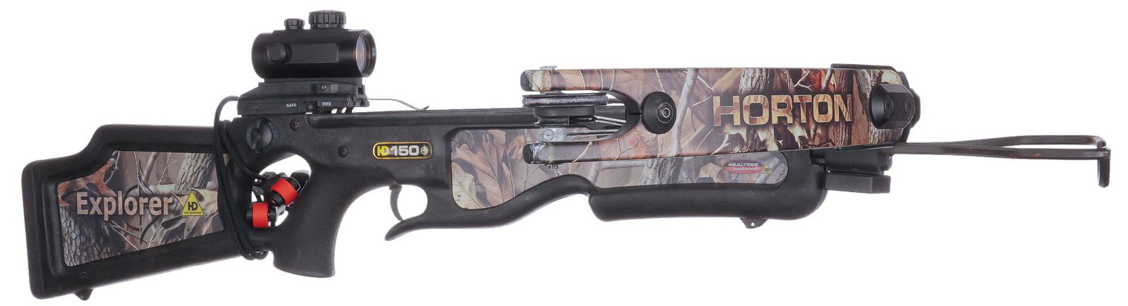Horton Explorer HD 150 Crossbow: Serial: CH010926 Manufacturer: Horton Model: Explorer HD 150 Caliber: 20 in. bolts/arrows Measurements: 36 in. long x 26 in wide x 9 in. tall Condition: Good; light handling marks throughout stock, bo