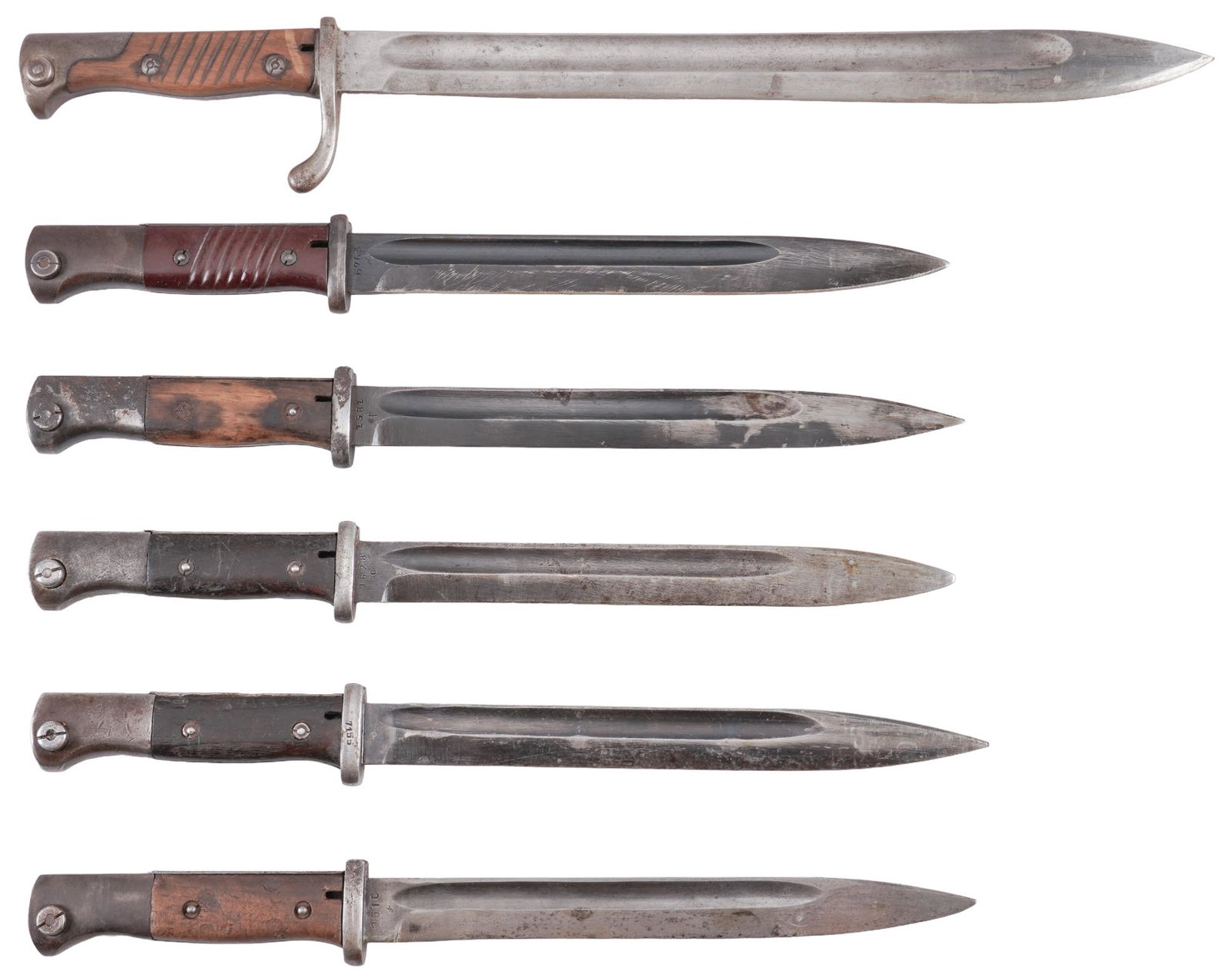 Collection of 6 German WWI and WWII Mauser Gewehr 98 K98 Bayonets: Includes: (1) K98 Bayonet, marked "43 agv" w/ scabbard & frog; (2) Mauser 98 Bayonet, made by Alexander Coppel w/ scabbard & frog; (3) K98 Bayonet, marked "43ffc" w/ scabbard &