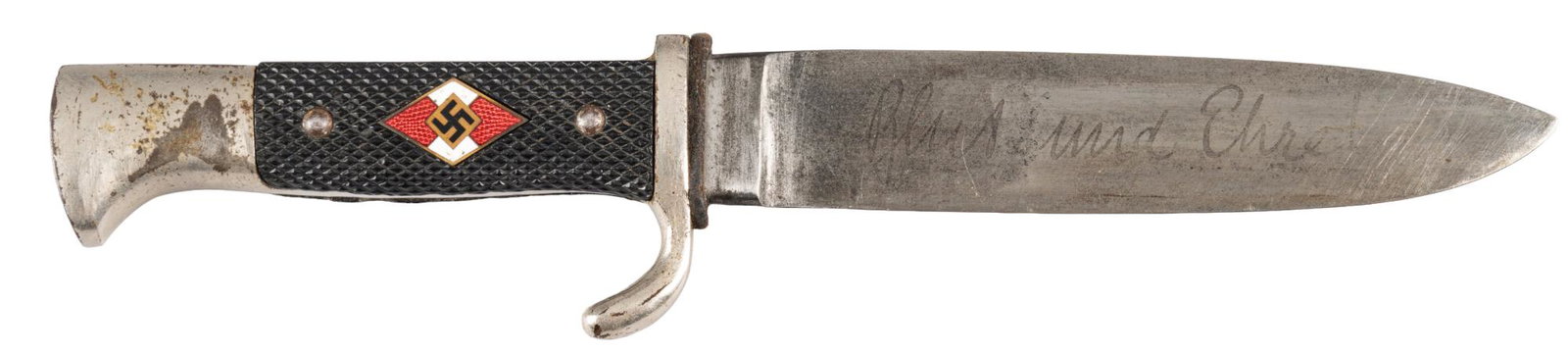 German WWII Hitler Youth Knife: Manufacturer: Carl Julius Krebs (M7/5) Model: M33 Hitler Youth Knife Blade Length: 5.5 in. Overall Length: 10 in. w/ scabbard Condition: Good; blade has light pitting scattered throughout with some li