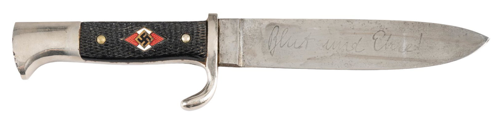 German WWII Hitler Youth Knife By Puma: Manufacturer: Puma (M7/27) Model: M33 Hitler Youth Knife Blade Length: 5.5 in. Overall Length: 9.75 in. Condition: Very Good - Good; blade has light marks from insertion into the scabbard, and light d