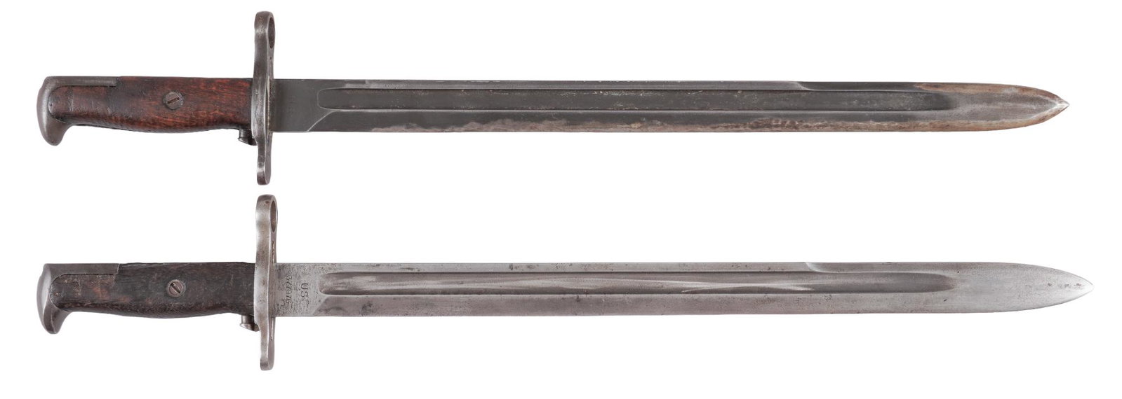 Pair of US Pre WWI Model 1905 Bayonets: Includes: (1) Springfield Armory 1905 Bayonet (c. 1909); (2) Rock Island Arsenal 1905 Bayonet (c. 1906) Marked: (1) Left Side "SA / [Flaming Bomb] / 1909" Right "US / 377976"; (2) Left
