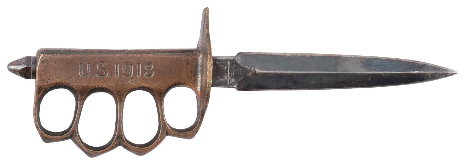 US WWI Era 1918 Trench Knuckle Knife: Manufacturer: AuLion Model: 1918 trench knife Blade Length: 6.75 in. Overall Length: 12 in. Condition: Good- fair; blade has been refinished and has older sharpening marks with some spots of pitting; 