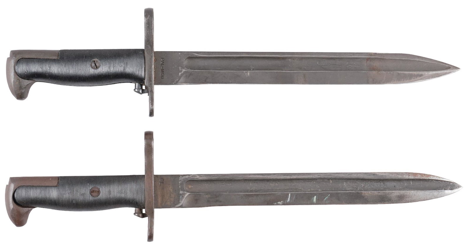 Pair of US WWII Oneida Model 1905E1 Bayonets: Includes: (1) Oneida Limited 1905E1 (converted from 1905/42 by Oneida) Bayonet (c. 1943); (2) Oneida Limited 1905E1 (converted from 1905/42 by PAL) Bayonet (c. 1943) w/ scabbard Marked: (1) Left Side 
