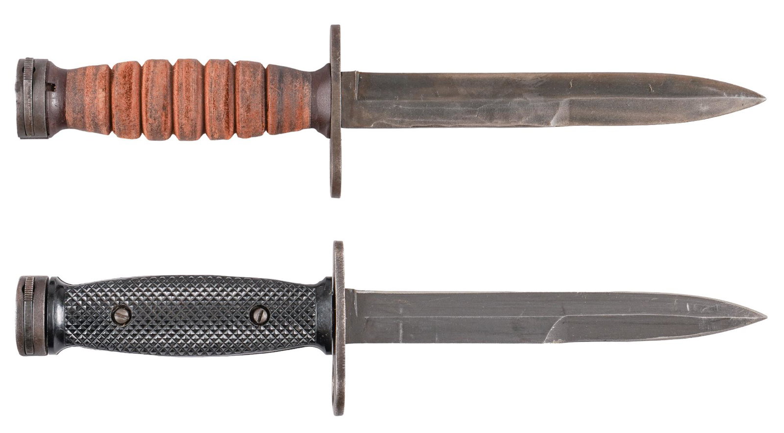 Pair of US WWII M4 Bayonets for M1 Carbines: Includes: (1) Imperial M4 Bayonet w/ M8A1 scabbard; (2) Conetta M4 Bayonet w/ M8A1 scabbard Marked: (1) Guard "[Flaming Bomb] / U.S.M4 / IMPERIAL"; (2) Guard "U.S. M4 / CONETTA" Blade 