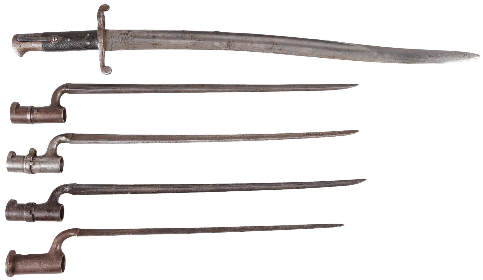5 Confederate Enfield 1839 1853 & 1856 Bayonets: Models: (1) British 1856 Yataghan Bayonet (2-4) 1853 Enfield socket bayonets (5) British 1839 Socket Bayonet Longest Blade Length: 22.5 in. Overall Length: 28 in. Conditions: all have pitting and hand