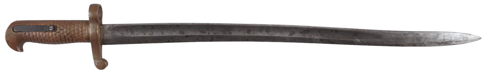 Rare Winchester 1873 Bayonet: Manufacturer: Winchester Model: 1873 Winchester Bayonet Blade Length: 20 in. Overall Length: 26 in. Condition: Very Good: Blade is bright but has darkening spots throughout with no edge wear; bronze g