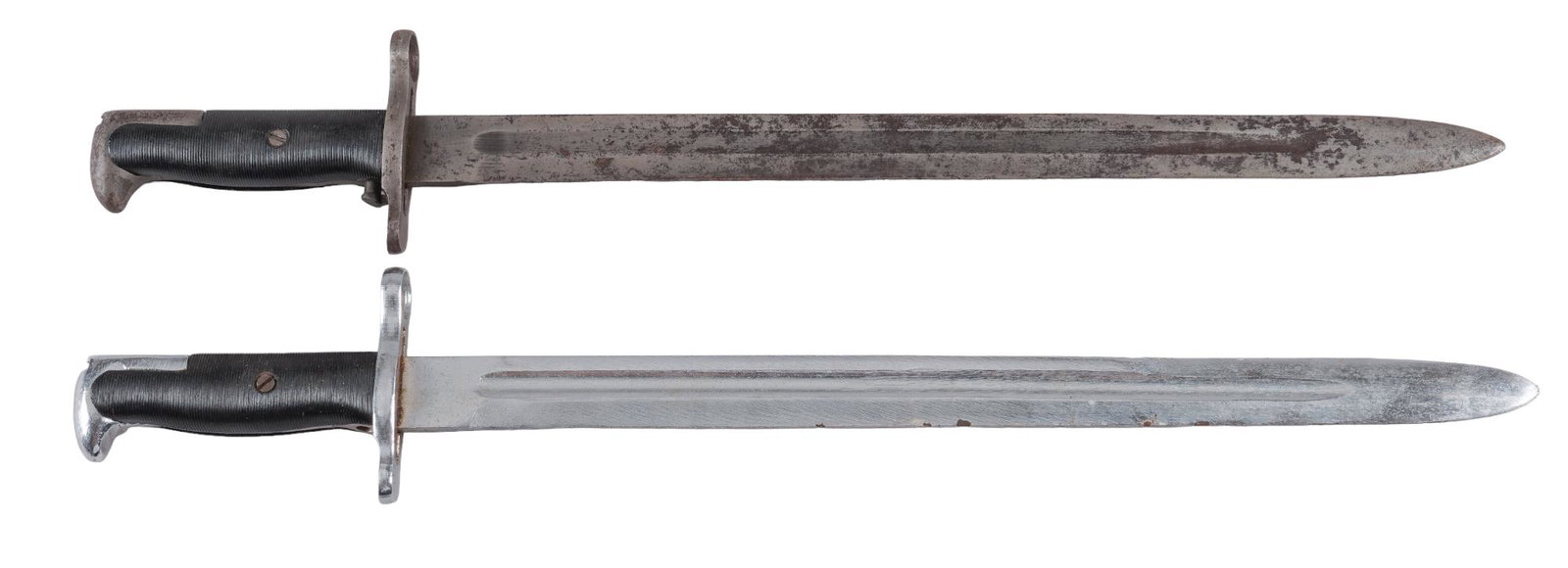 Pair of US WWII Union Fork & Hoe Model 1905 Bayonets: Includes: (1) Union Fork & Hoe 1905/42 Bayonet (c. 1943); (2) Union Fork & Hoe 1905/42 Bayonet (c. 1943) Marked: (1) Left Side "U.F.H. / U. [Flaming Bomb] S. / 1943"; (2) Left Side 