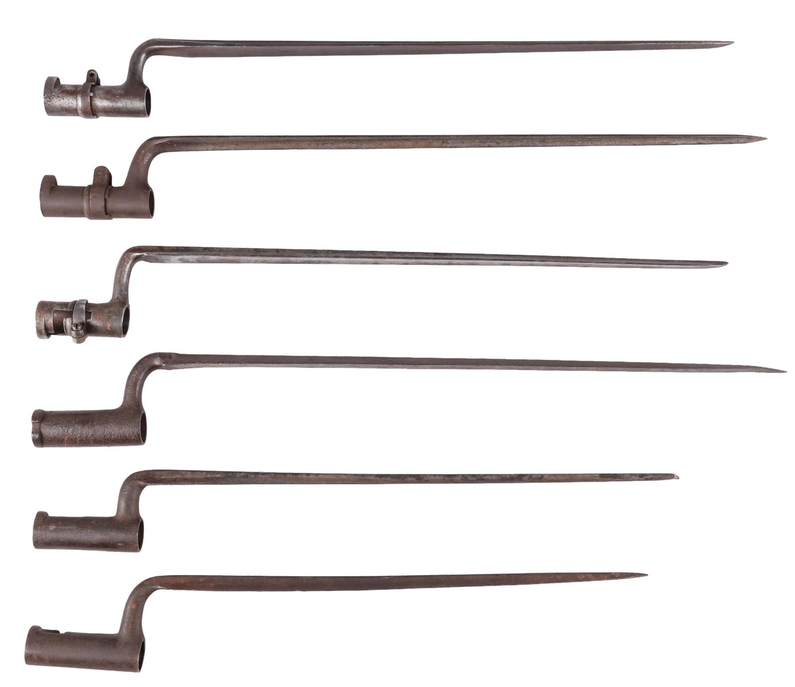 6 US Socket Bayonets: Models: (1) US 1816 socket bayonet (2) 1839/42 socket bayonet (3) 1795 socket bayonet (4) 1855 socket bayonet w/ parts of scabbard (5) Austrian 1854 Lorenz musket socket bayonet w/ part of scabbard (6