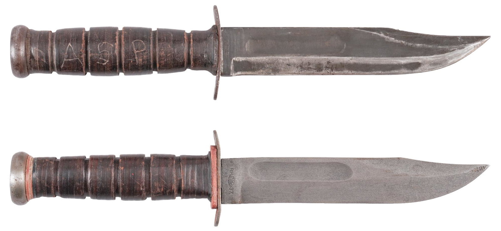 Two US WWII USN Mk 2 Fighting Knives, Kabar Pal: Includes: (1) USN Mk 2 Fighting knife, Mfg by Kabar W/ scabbard; (2) USN Mk 2 Fighting knife, Mfg by Pal Blade Length: 7 in. Overall Length: 12.5 in. Condition:(1) Good; blade has period sharpening ma