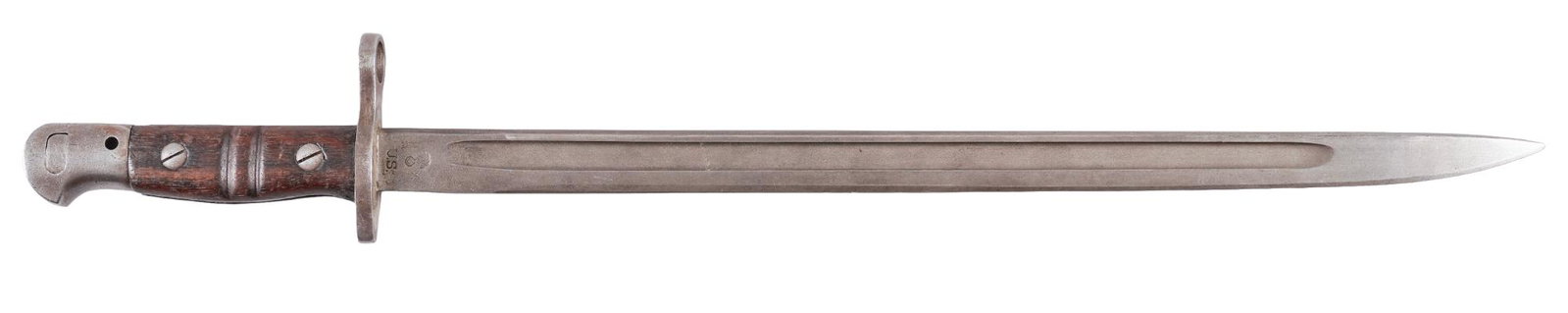 US WWI 1917 Bayonet: Manufacturer: Winchester Model: 1917 Bayonet Blade Length: 17 in. Overall Length: 22 in. Condition: Good; blade has gray patina on the blade; guard and pommel have gray patina; Walnut grips have light