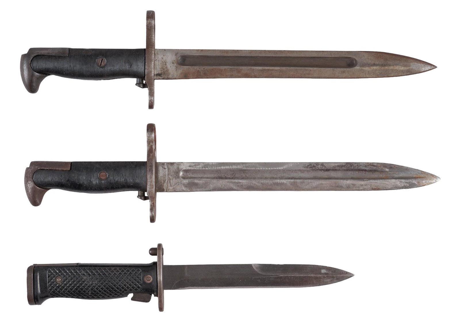 Collection of 3 US M1 Garand Bayonets WWII & Korean War: Includes: (1) Utica Cutlery M1 bayonet w/ scabbard; (2) Pal M1905 E1 bayonet w/ scabbard; (3) J&D Tool Co M5 bayonet w/ scabbard Marked: (1) "U. C. / U. (flaming bomb) S." on left side; (2