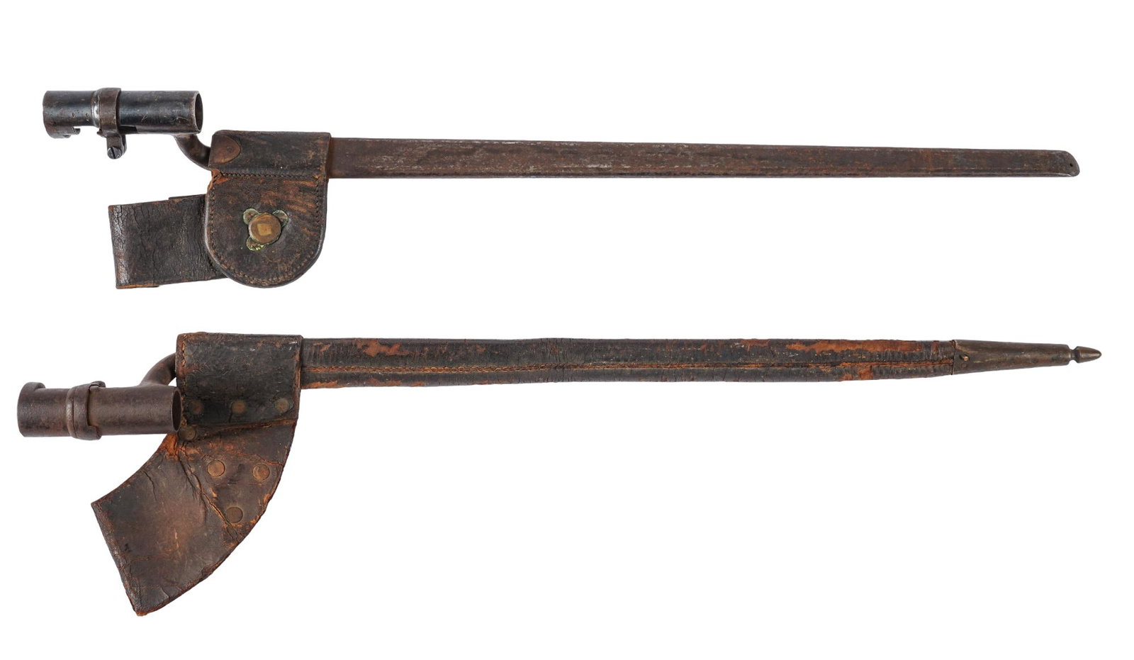 2 Civil War Bayonets w/ scabbards: Models: (1) 1853 Enfield Bayonet w/ scabbard & hangar marked " H.W. OLIVER / PITTSBURGH PA." (2) Nice 1873 Trapdoor Bayonet w/ scabbard & hangar Longest Blade Length: 24.5 in. Overall 