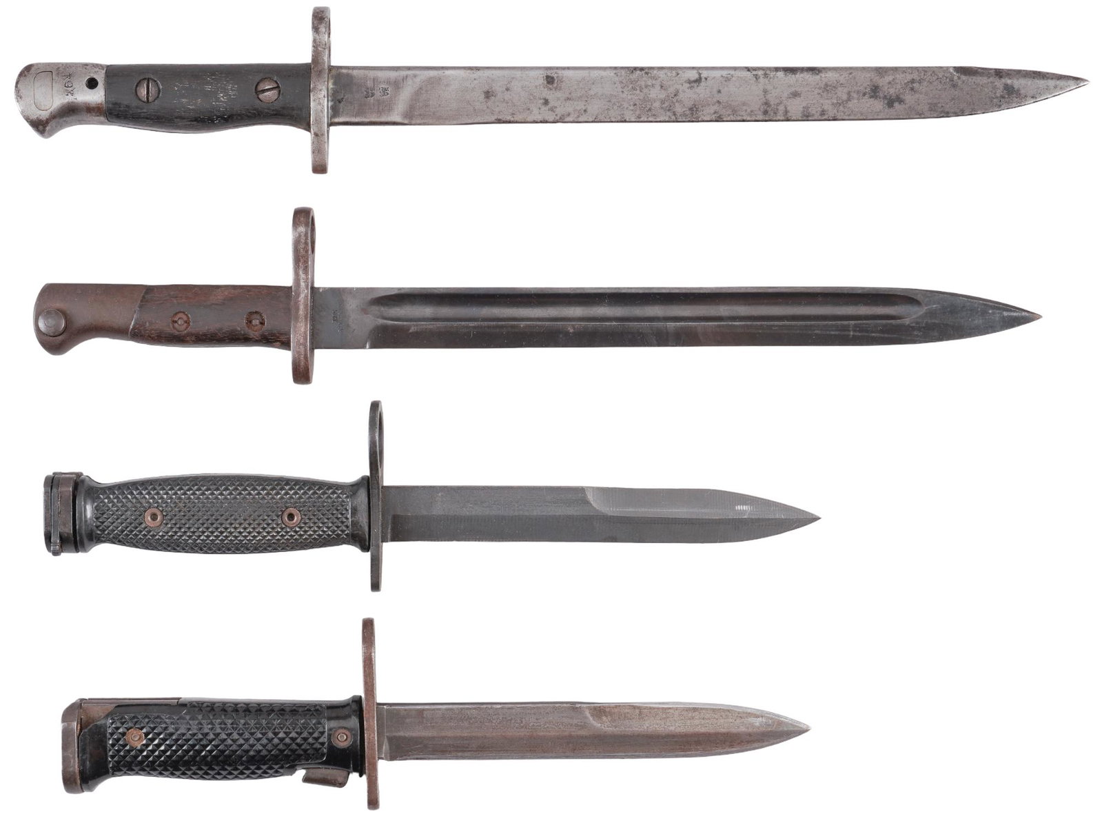 Collection of 4 Misc. Bayonets: Mauser, Lee Enfield, US M6, M7: Includes: (1) Simson & Co Mauser 95 pattern Bayonet; (2) Ishapore Arsenal Lee Enfield 1907 Mk II* Bayonet w/ scabbard; (3) Milpar Col US M6 Bayonet ; (4) Conetta US M7 Bayonet w/ scabbard Longest 
