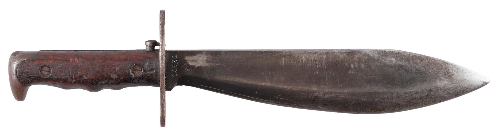 US WWI 1917 Bolo Knife W/ Scabbard: Manufacturer: Springfield Armory Model: 1917 Bolo Blade Length: 10.25 in. Overall Length: 15.5 in. Condition: Good; blade has marks from use throughout, and sharpening marks around the edges; walnut g