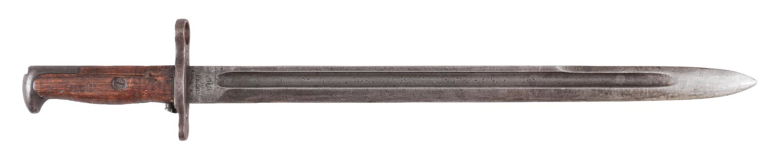 US Pre WWI RIA 1905 Bayonet W/ Scabbard: Manufacturer: Rock Island Arsenal (c 1911) Model: 1905 w/ modified 3rd pattern scabbard Blade Length: 16 in. Overall Length: 21.75 in. Condition: Good - Fair; blade has light wear along edge, with sca