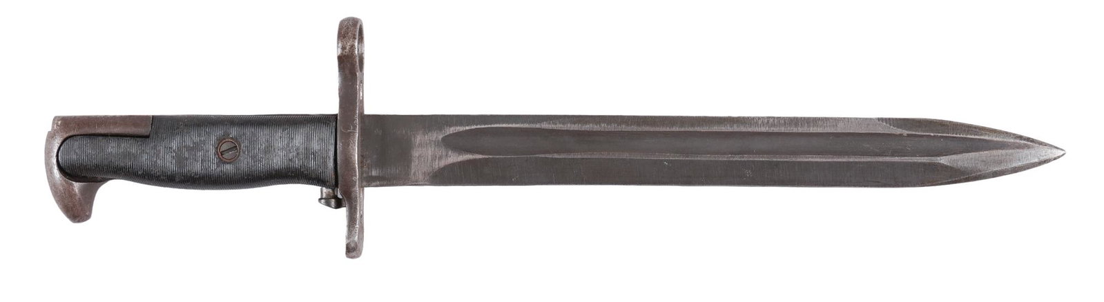 US M1 Garand 1905 E1 Bayonet: Manufacturer: American Fork & Hoe Model: M1905E1 Bayonet (cut down from an 1905 /42) Blade Length: 10 in. Overall Length: 15 in. Condition: Very Good-Good; blade has light wear, with marks from th